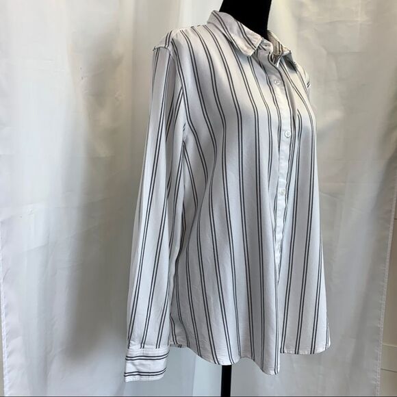 TAHARI white black pinstripe button-down long sleeve shirt size large - Picture 3 of 11